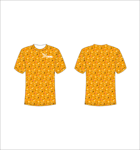 T-shirt personnalisé sublimé, imprimé intégral, motif à pois multicolores jaune doré, unisexe, col rond, respirant, polyester, ferme et résistant - Product Image 1