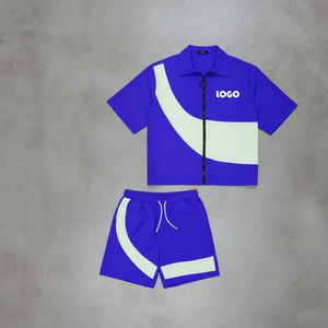 ชุดเซ็ตผู้ชาย 2 ชิ้น เสื้อแจ็คเก็ตกันลมแบบมีฮู้ดและกางเกงขาสั้น สะท้อนแสง ซิปหน้า ผ้าไนลอนโพลีเอสเตอร์ สีตัดกัน - Product Image 5