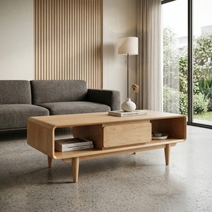 Meuble de salon en bois massif, style Mid-Century Modern, meuble central avec bordure arrondie en cascade et tiroir de rangement - Product Image 3