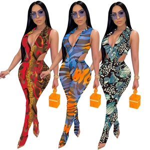 Mono de Mujer con Estampado Animal, Halter sin Mangas, Cintura Alta, Ajuste Ceñido, Largo Completo, Ropa de Fiesta, Primavera Verano, Spandex Poliéster - Product Image 4