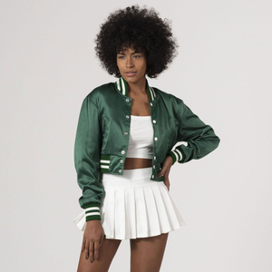 <b>Women</b> Cropped Satin Varsity <b>Jacket</b> Green Button Up Streetwear Bomber <b>Lightweight</b> Casual Fashion Outerwear Custom OEM - Product Image 4