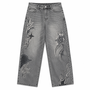 Women's <b>Embroidered</b> Breathable Wide Leg <b>Jeans</b> Mid Waist Loose Fit 100% Cotton Denim Vintage Simple Casual XL OEM ODM - Product Image 4