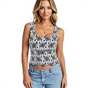 Débardeur tricoté imprimé floral pour femmes grandes tailles, col carré, décontracté, sans manches, coupe courte, été - Product Image 5