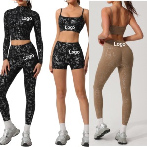 High Waist <b>Crop</b> Top Yoga Set Full Length <b>Leggings</b> Two Piece Printed Spandex Polyester Activewear Women's Fitness Clothing - Product Image 1