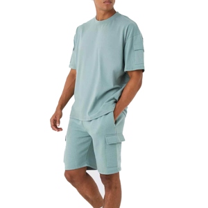 Men's Light Blue Cotton Crew Neck T-Shirt And Cargo Shorts <b>Set</b> Casual Summer Wear Breathable <b>Knitted</b> Fabric - Product Image 1