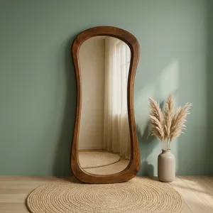 Rustic <b>Full</b> <b>Length</b> Floor <b>Mirror</b> with Curved Wooden Frame Natural Modern Boho <b>Standing</b> <b>Mirror</b> for Bedroom Living Room Home Decor - Product Image 3