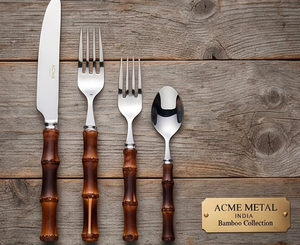 Juego de cubiertos ACME METAL con mango de bambú, cabezas de acero inoxidable con acabado espejo y mango de bambú para bodas, fiestas y restaurantes. - Product Image 1