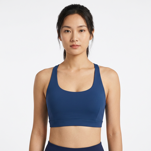 Sujetador deportivo de yoga con tirantes para mujer, soporte medio, transpirable, de elastano y poliéster, azul liso - Product Image 5