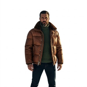 Men's Brown Genuine <b>Leather</b> Puffer Jacket <b>With</b> Faux <b>Fur</b> Lining Zipper Closure Windproof Winter Casual <b>Coat</b> Regular Fit - Product Image 4