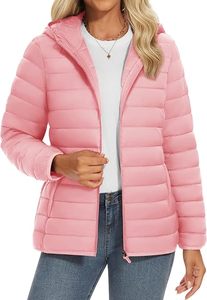 Pink Quilted Puffer Jacket <b>Women</b> <b>Lightweight</b> Hooded Winter <b>Coat</b> Full Zip Regular Length Casual Outerwear - Product Image 1