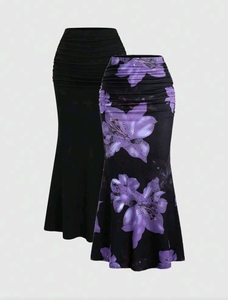 Jupe mi-longue à imprimé floral de haute qualité pour femmes, élégante, douce, en spandex et polyester, à porter toute l'année - Product Image 4