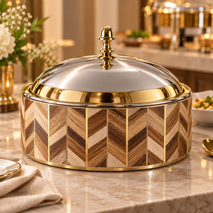 Casserole rectangulaire en bois de luxe avec couvercle en acier inoxydable doré - Product Image 4