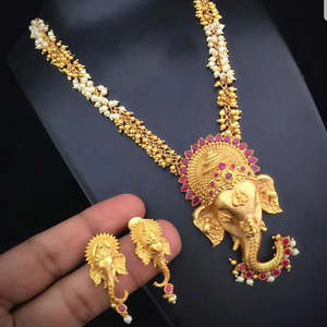 18K Gold Plated <b>Bridal</b> <b>Jewelry</b> <b>Set</b> Pearl Chain with Ganesh Pendant and Stud Earrings - Product Image 1