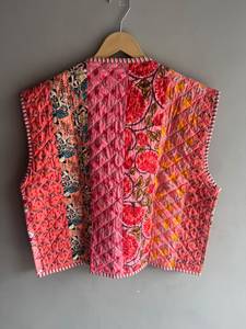 Floral <b>Quilted</b> Cotton Vest V-Neck Patch Pocket Reversible Striped <b>Pattern</b> Women's <b>Jacket</b> Spring Style GIFT FOR HER - Product Image 6
