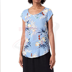 Women Floral Print <b>Cap</b> <b>Sleeve</b> Chiffon <b>Top</b> Scoop Neck Loose Fit Casual Spring Summer Breathable T-Shirt - Product Image 1