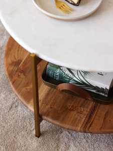 Modern <b>Round</b> <b>Coffee</b> <b>Table</b> Marble Top Metal Frame <b>Wooden</b> Shelf Storage Living Room Furniture Midcentury Design - Product Image 3