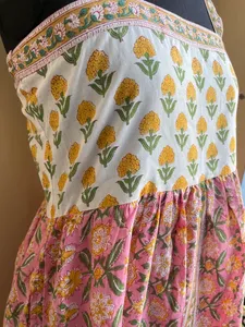 Indian 100% Cotton Floral Flock Print <b>Adjustable</b> Straps <b>Square</b> Collar Floor-Length Dress Pink Yellow - Product Image 3
