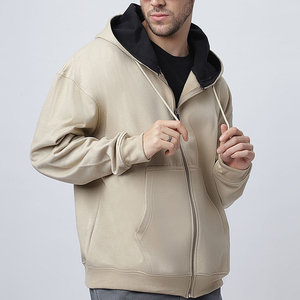 Custom <b>Men</b>’s Beige Full Zip <b>Hoodie</b> with Contrast Black Hood Lining and Split Kangaroo Pockets - Product Image 6