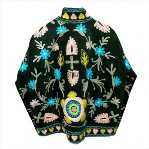 Hand Embroidered <b>Corduroy</b> <b>Jacket</b> <b>Women's</b> Stand Collar Autumn Regular Length Full Sleeve 100% Cotton Black With Colorful Pattern - Product Image 3