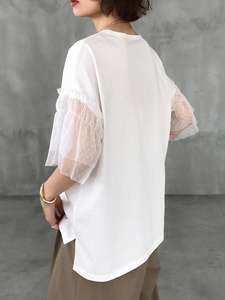 Chemisier blanc personnalisé pour femme à manches volantées transparentes, broderie chenille, coupe ample, col rond, style décontracté - Product Image 5