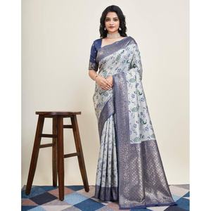 Sari de Seda Kanjivaram con Trabajo Jacquard de Moda con Blusa Sin Coser Azul - Product Image 1