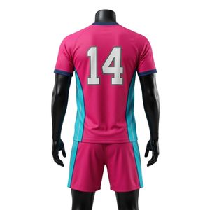 ชุดเสื้อและกางเกงขาสั้นสำหรับเล่นเน็ตบอลสีชมพูเทอร์ควอยซ์สำหรับผู้ชาย ผ้าโพลีเอสเตอร์ ทรงสปอร์ต ชุดกีฬา แถบข้างตัวเสื้อ เหมาะสำหรับการแข่งขันและการฝึกซ้อม - Product Image 2