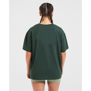 เสื้อยืดผู้หญิงสีเขียวเข้มแขนสั้นคอกลมผ้าถักลำลองระบายอากาศได้ดีทรงหลวมทุกฤดูกาล - Product Image 3