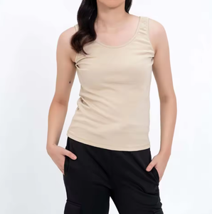 Camiseta sin mangas beige para mujer, lisa, con logo personalizado, suave, elástica, informal, ajustada, tipo chaleco, venta al por mayor OEM - Product Image 1