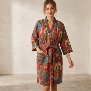 Robe Kimono en Coton Imprimé Artistique à Manches Longues avec Ceinture, Peignoir Léger pour la Détente, Robe de Chambre en Coton pour Spa - Product Image 4