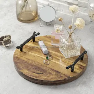 Bandeja redonda de madera para servir comida artesanal natural hecha en India ARTISAN CRAFT con asas de metal hechas a mano y duraderas - Product Image 3