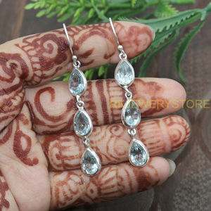 Boucles d'oreilles pendantes en argent sterling 925 avec topaze bleue en forme de poire, faites à la main, bijoux pour femmes, cadeau pour maman, petite amie - Product Image 4