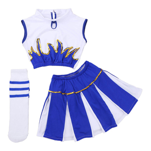 Children Blue <b>White</b> Cheerleading Uniform Set With Gold <b>Sequin</b> Crown <b>Top</b> Pleated Skirt And Socks - Product Image 1