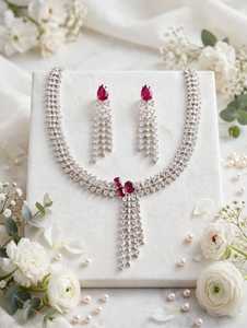 Luxury Brass Cubic Zirconia Red Drop Crystal Necklace Set <b>Silver</b> Plated Bridal Wedding <b>Choker</b> Jewelry Set for Women - Product Image 3