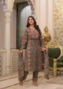 Ensemble ethnique pour femme en coton marron à imprimé numérique traditionnel, séchage rapide, longueur genou, coupe régulière, décontracté, pour mariage et fête Diwali - Product Image 4