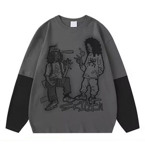 T-shirt à manches longues surdimensionné pour homme avec imprimé de personnage, bordure contrastée, style streetwear, col rond, tricoté, 100% coton - Product Image 1
