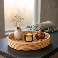 El yapımı yuvarlak rattan bohem bitki ve çiçek desenli çok amaçlı dekoratif ip servis tepsisi ve tabağı