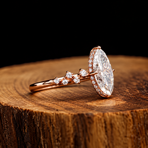 Bague en or rose plaqué diamant pour femme, idéale pour fiançailles, anniversaire, mariage, avec pierre centrale taille marquise et halo classique de diamants de laboratoire latéraux - Product Image 2