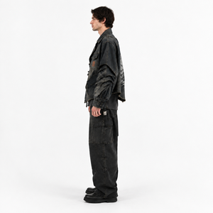 Chaqueta de mezclilla encerada negra oversize para hombre, con dobladillo deshilachado asimétrico, mangas acordeón, estilo streetwear, diseño personalizado - Product Image 3