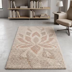 Tapis d'intérieur en laine tissé à la main, couleur unie crème beige, motif fleur de lotus, antidérapant, à poils moyens, texture minimaliste, décoration moderne pour la maison - Product Image 5