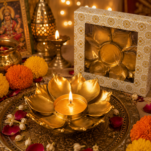 Porte-bougie en métal en forme de lotus avec boîte cadeau décorative |   Diya Fleur Dorée pour Diwali, Pooja, Décoration d'Intérieur et Cadeaux Festifs - Product Image 2