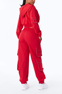 Women's Red Printed Rhinestone Tracksuit Full Length Cargo <b>Pants</b> Side Pockets Casual Croptop Jacket Autumn Waterproof Windproof - Product Image 2