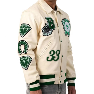 Veste de sport SINEWY pour homme, style universitaire, crème et vert, avec patch en chenille, boutons pression, style preppy, pour l'automne - Product Image 5