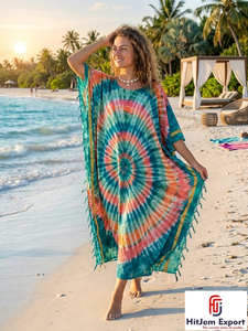 Vestido Kaftán Personalizado para Mujer, Estampado Tie Dye, Traje de Playa, Ropa de Verano para Resort, Ligero, Fabricante y Proveedor OEM ODM - Product Image 4