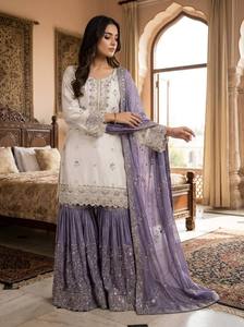 Kurta en coton blanc brodé avec dupatta et jupe violets, tenue ethnique traditionnelle indienne et pakistanaise pour femmes, longueur au sol - Product Image 6