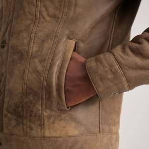 <b>Men's</b> Genuine Suede <b>Leather</b> <b>Jacket</b> Turn-down Collar Button Closure Slim Fit Winter Windproof Moto Biker Style Faux Fur Lining - Product Image 3
