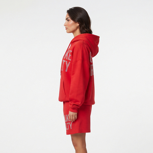 Conjunto de Sudadera con Capucha y Pantalones Cortos Holgados con Pedrería para Mujer, Casual, 100% Poliéster, Forro Polar, Manga Larga, Hombros Caídos, Ajuste Holgado - Product Image 3