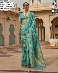 Sari de Seda Satinada Verde con Blusa con Tejido Zari, Traje Tradicional Indio para Bodas, Largo hasta el Suelo, Corte Regular para Mujer - Product Image 4