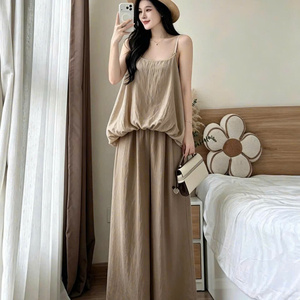 Conjunto de Ropa de Verano de Dos Piezas para Mujer, Informal, de Algodón Sólido, Ecológico, Lavable, Cómodo, sin Cuello, Ajustado, Largo y a la Moda - Product Image 4