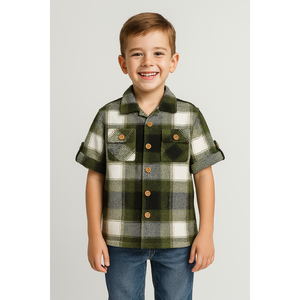 เสื้อเชิ้ตผ้าฝ้ายลายสก๊อตสีเขียวและสีขาวสำหรับเด็กผู้ชาย - Product Image 5