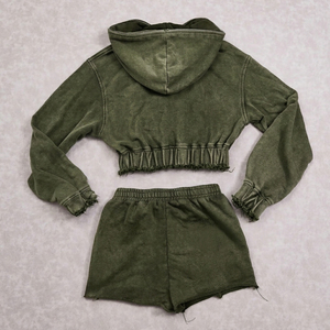 Women's Two Piece Custom Logo <b>Crop</b> Hoodie Short <b>Set</b> <b>Top</b> Selling Customized Women Acid Wash <b>Crop</b> <b>Top</b> Hoodie Short <b>Set</b> - Product Image 4